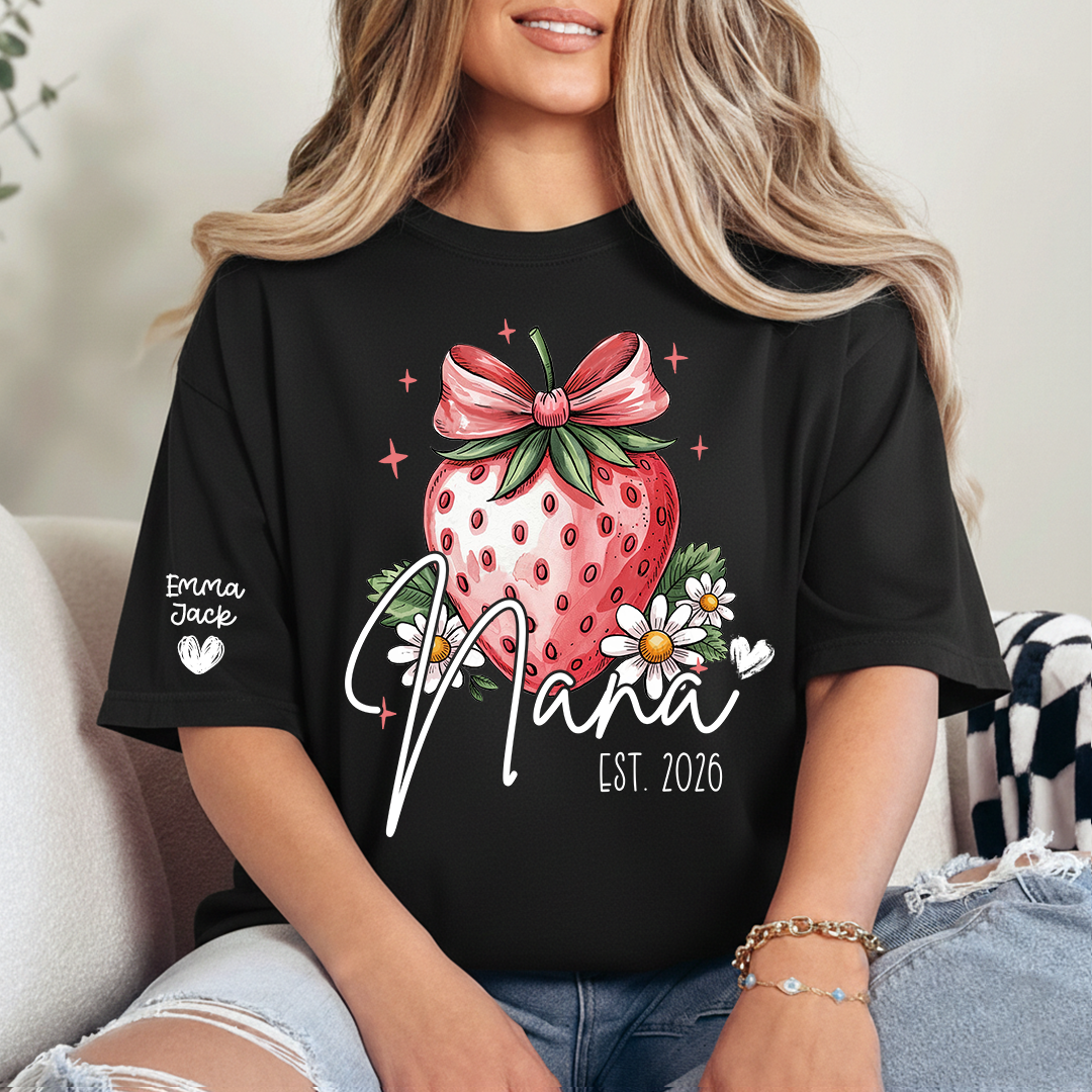Mimi Strawberry Shirt, Cute Bow Floral Graphic Tee, Personalized Grandma T Shirt, Gift for Mimi from Family