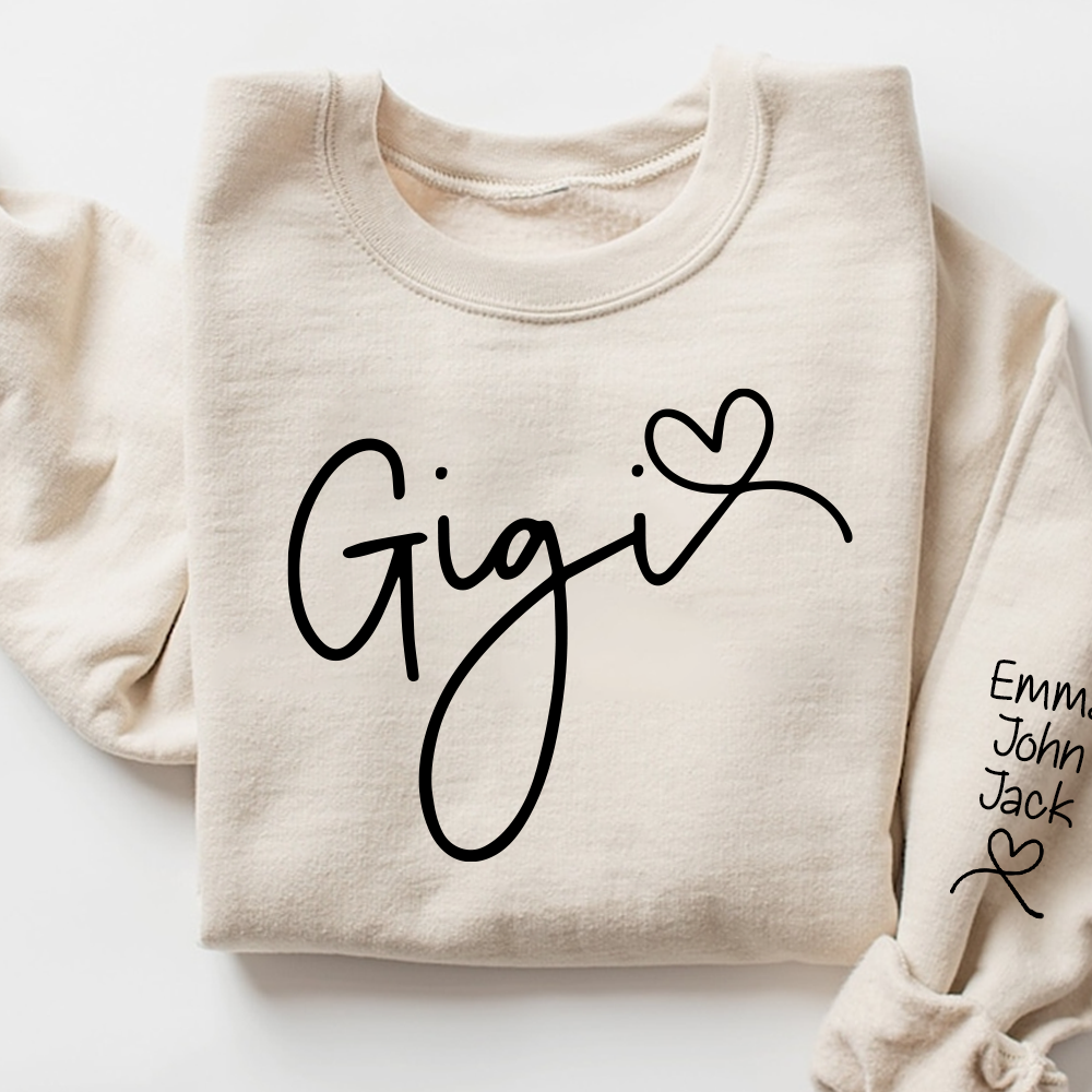 Custom Gigi Sweatshirt, Elegant Script Heart Design Personalized Names