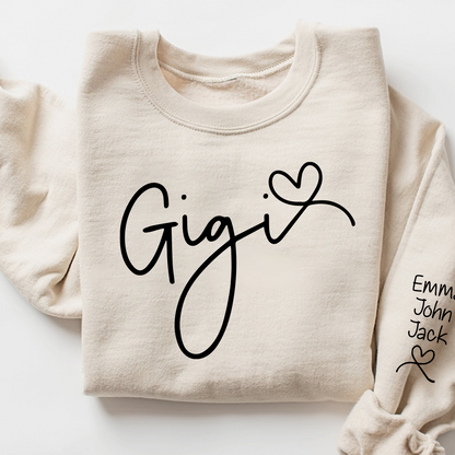 Custom Gigi Sweatshirt, Elegant Script Heart Design Personalized Names