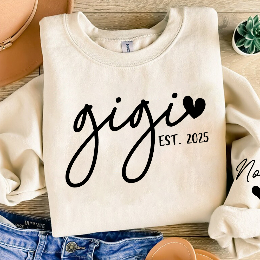 Personalized Gigi Sweatshirt, Custom Printed Name and Grandkids’ Names on Sleeve with Heart