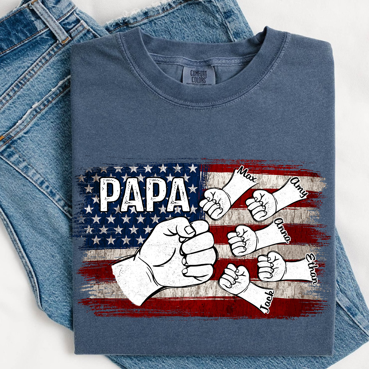 Comfort Colors® Papa Fist Bump Shirt with Kids Names – American Flag Custom T-Shirt for Dad