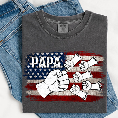 Comfort Colors® Papa Fist Bump Shirt with Kids Names – American Flag Custom T-Shirt for Dad