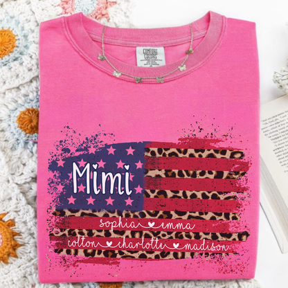 Personalized Mimi Shirt for Grandma - Leopard American Flag Tee - Custom Grandkids Names - Vintage Distressed USA Flag T-Shirt - Gift for Mimi, Nana, Gigi, Mom, Mother's Day, Birthday