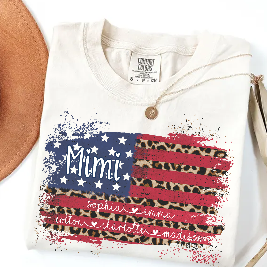 Personalized Mimi Shirt for Grandma - Leopard American Flag Tee - Custom Grandkids Names - Vintage Distressed USA Flag T-Shirt - Gift for Mimi, Nana, Gigi, Mom, Mother's Day, Birthday