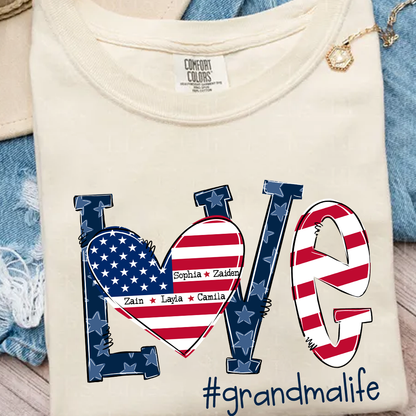Personalized Grandma Life T-Shirt - LOVE American Flag Heart Design - Custom Grandkids’ Names - USA Patriotic Gift for Proud Grandmothers - Soft Comfort Colors Tee