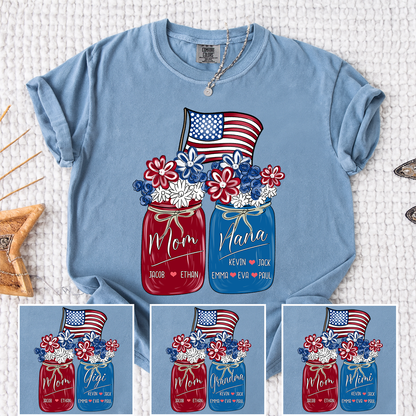 Mom Grandma Shirt - Custom Floral Flag American Family Names Tee - Perfect 4th of July Gift for Her