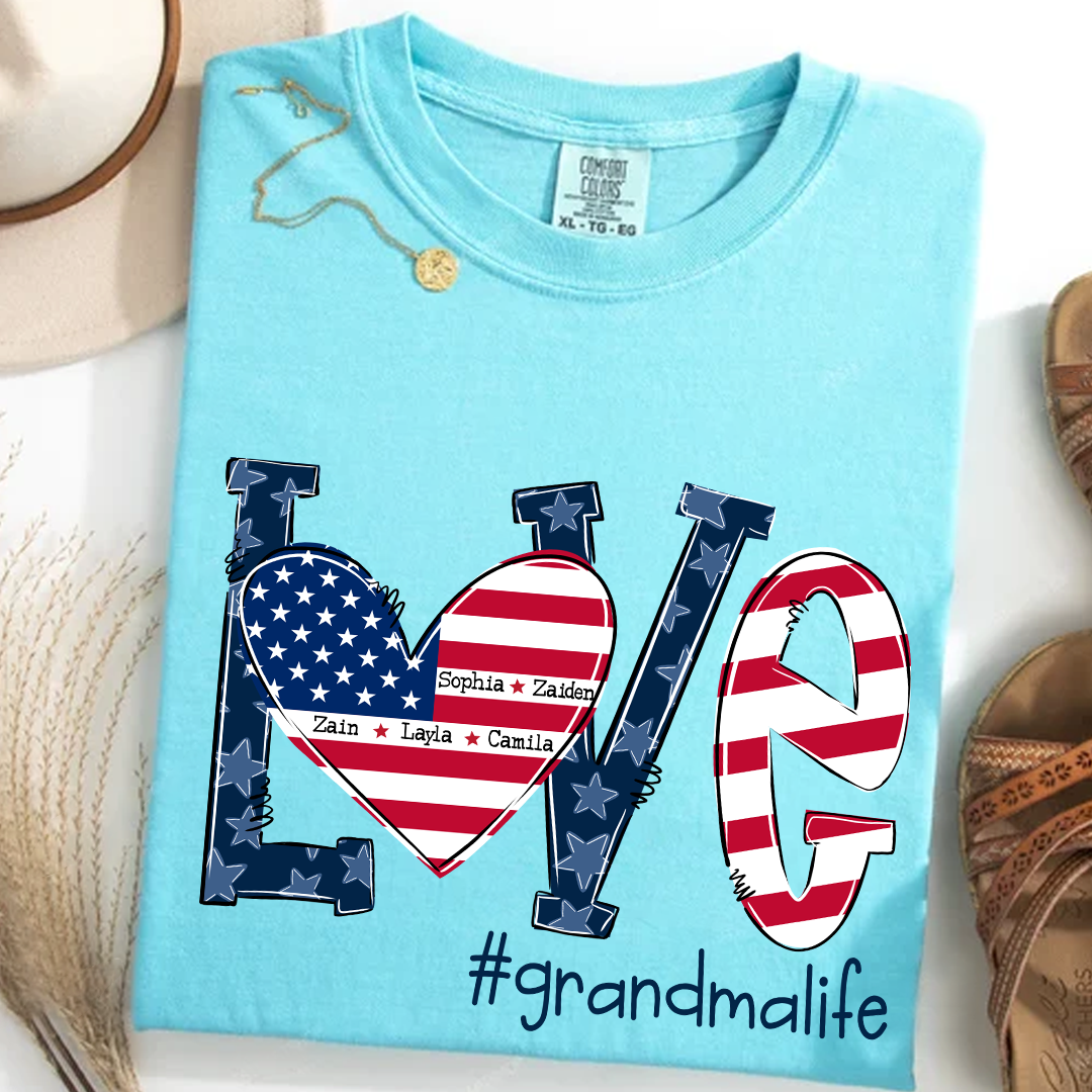 Personalized Grandma Life T-Shirt - LOVE American Flag Heart Design - Custom Grandkids’ Names - USA Patriotic Gift for Proud Grandmothers - Soft Comfort Colors Tee
