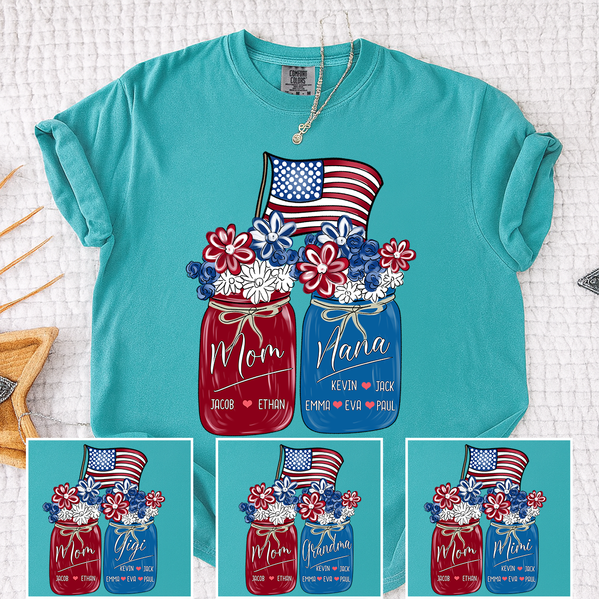 Mom Grandma Shirt - Custom Floral Flag American Family Names Tee - Perfect 4th of July Gift for Her
