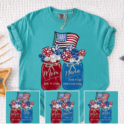 Mom Grandma Shirt - Custom Floral Flag American Family Names Tee - Perfect 4th of July Gift for Her