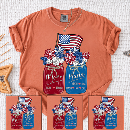Mom Grandma Shirt - Custom Floral Flag American Family Names Tee - Perfect 4th of July Gift for Her