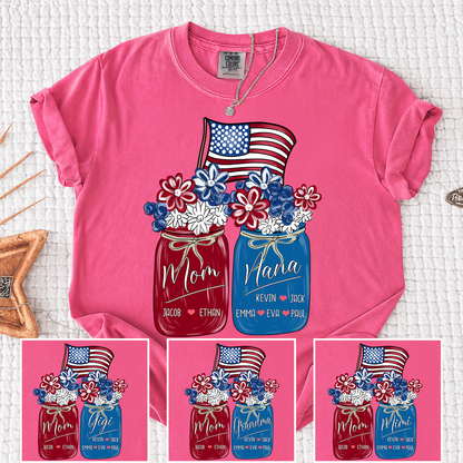 Mom Grandma Shirt - Custom Floral Flag American Family Names Tee - Perfect 4th of July Gift for Her