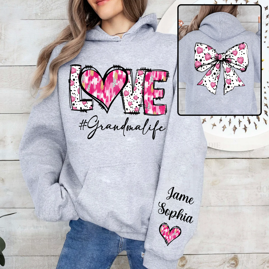 Custom LOVE Grandma Sweatshirt with Pink Heart Bow Design - Personalized with Grandkids' Names - Thoughtful Gift for Grandmothers