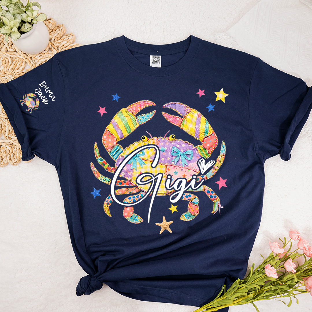 Custom Mimi T Shirt, Personalized Grandma Shirt with Kids Names, Colorful Crab Beach Design Tee, Summer Gift for Mimi