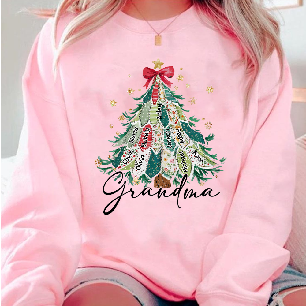 Personalized Grandma Christmas Sweatshirt, Custom Name Tree Ribbon Holiday Shirt