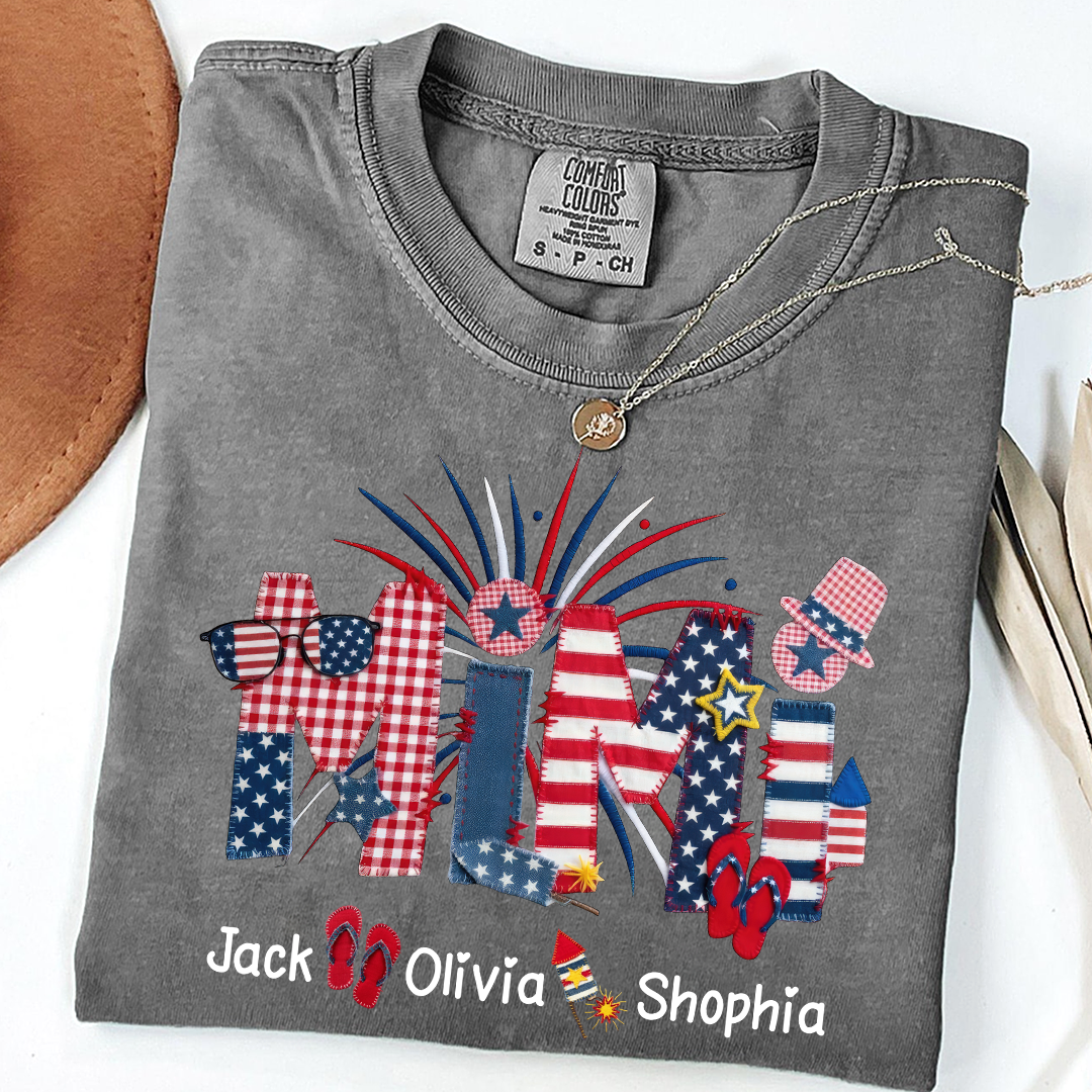 Comfort Colors Mimi Custom T Shirt with Patriotic Design & Grandkids' Names, Perfect for 4th of July