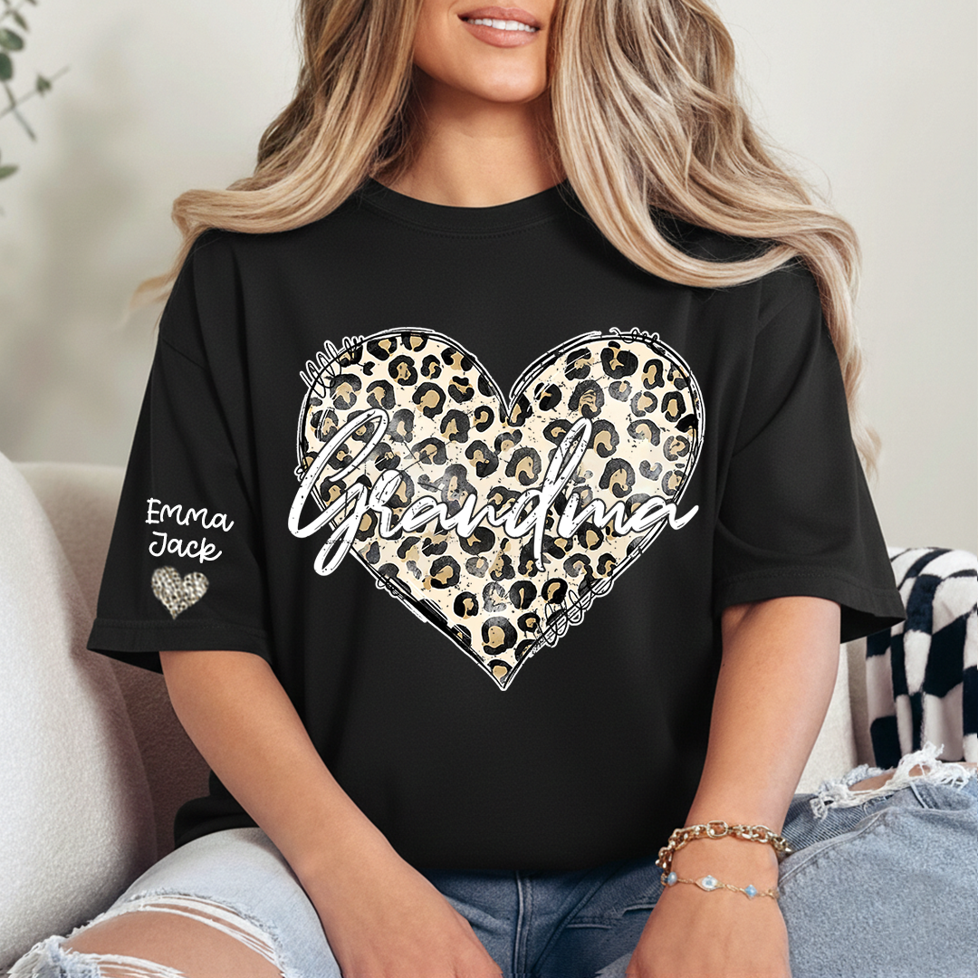 Personalized Grandma Shirt with Leopard Heart Design, Custom Family T Shirt