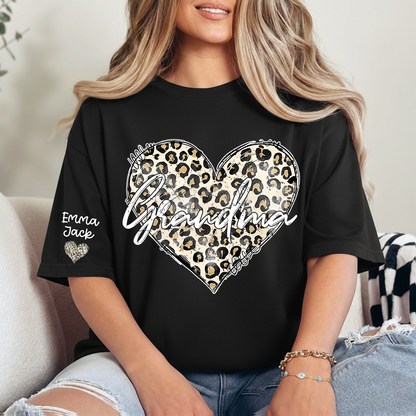Personalized Grandma Shirt with Leopard Heart Design, Custom Family T Shirt