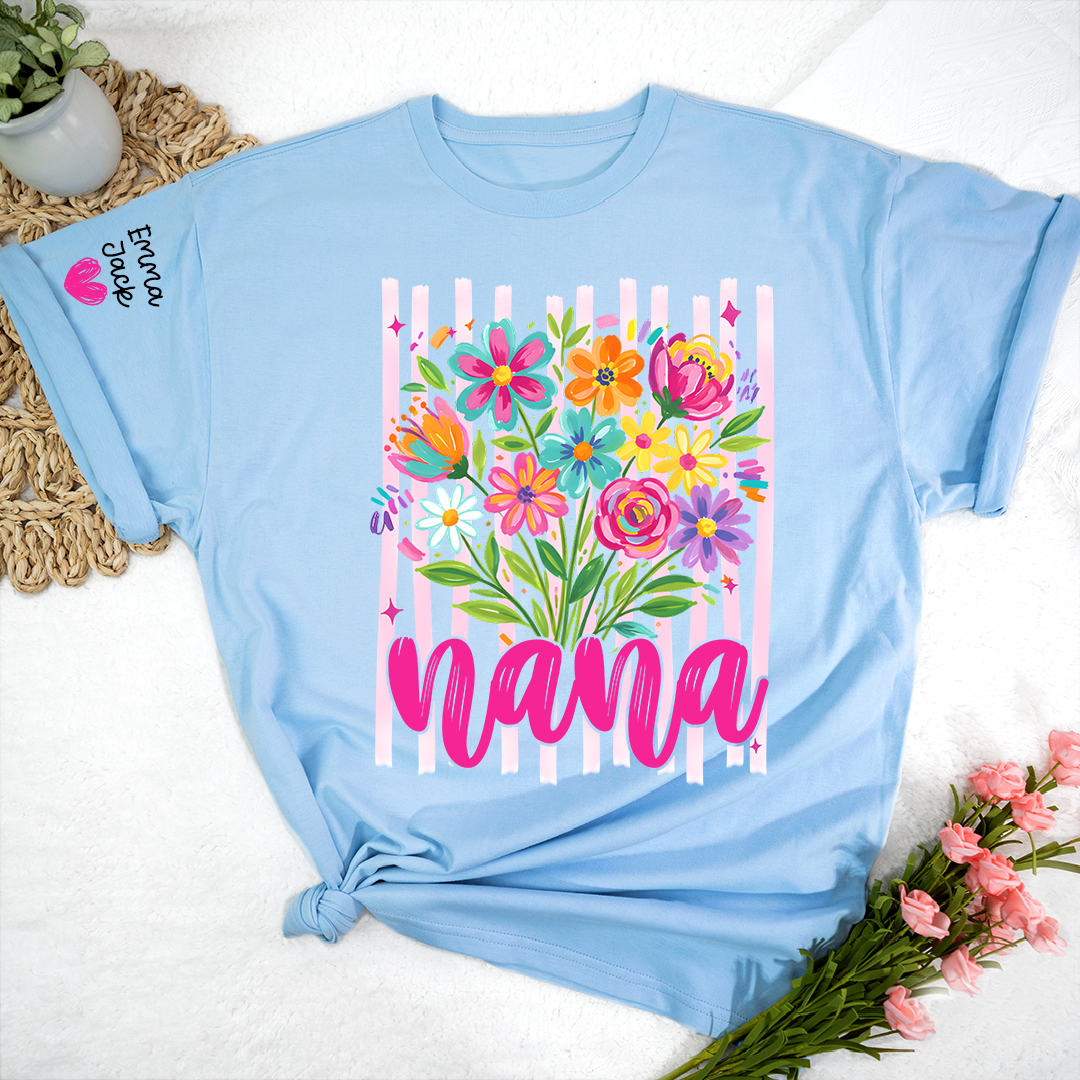 Custom Striped Wildflowers Nana T-Shirt, Trendy Ditsy Floral Gift for Grandma And Kids