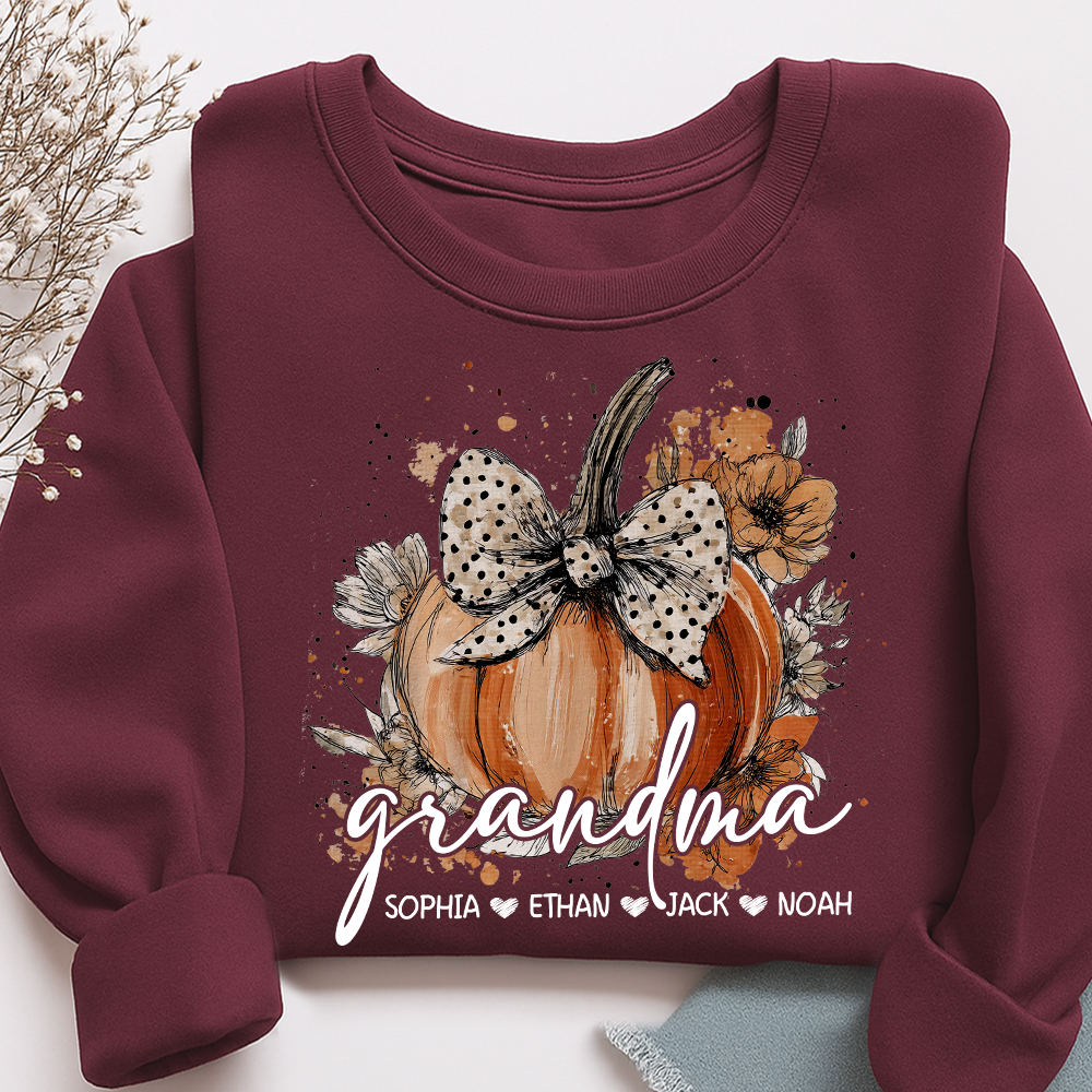 Custom Grandma Pumpkin Shirt, Cozy Autumn Sweatshirt with Kids Names