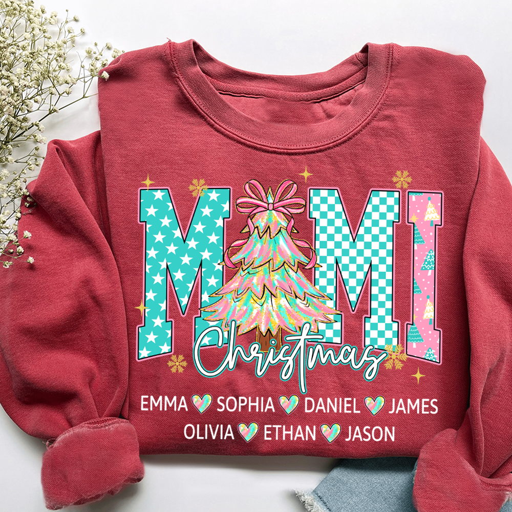 Christmas Tree Mimi Sweatshirt, Custom Family Name for Grandma And Kids