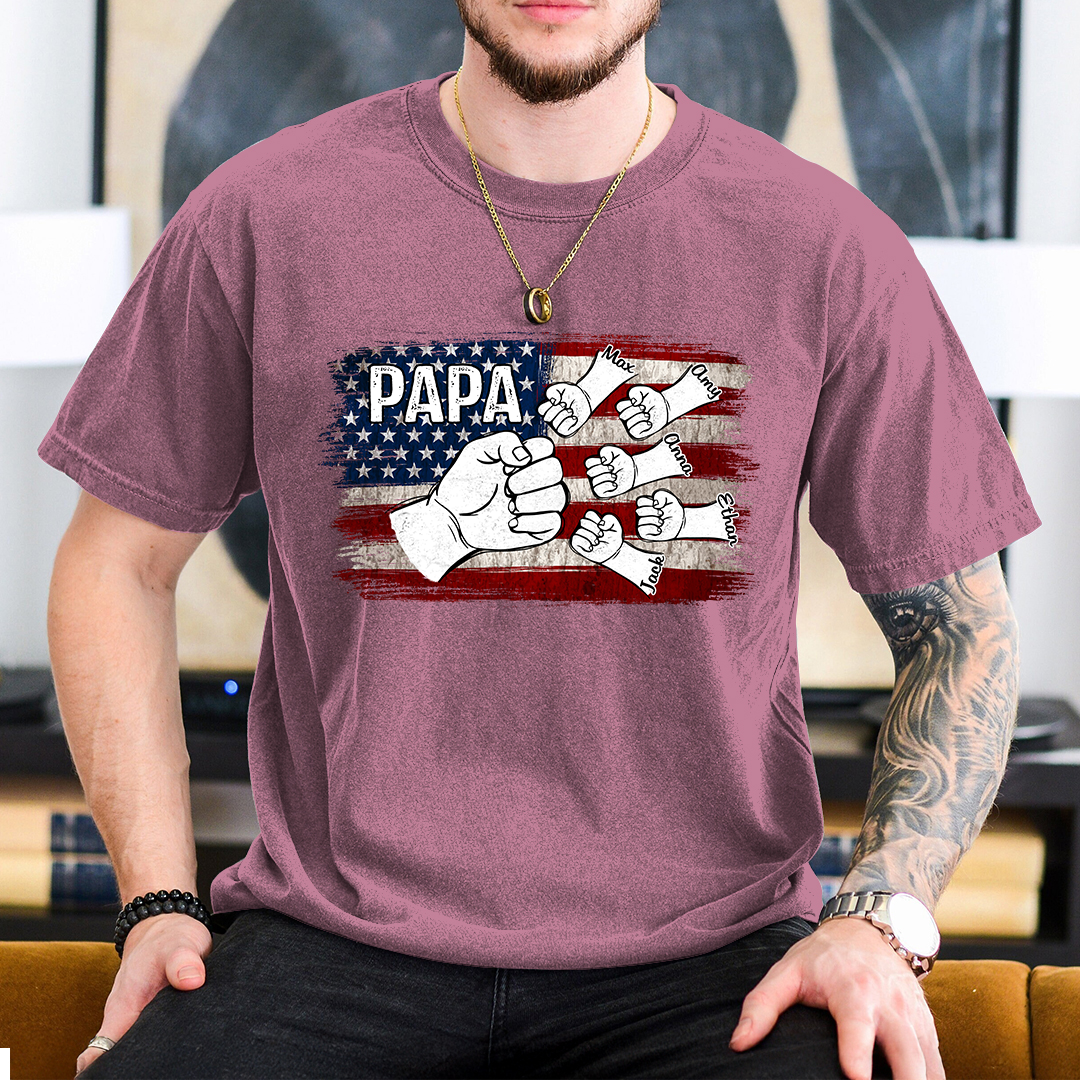 Comfort Colors® Papa Fist Bump Shirt with Kids Names – American Flag Custom T-Shirt for Dad