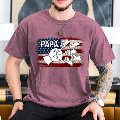 Comfort Colors® Papa Fist Bump Shirt with Kids Names – American Flag Custom T-Shirt for Dad