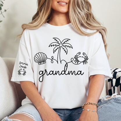 Personalized Grandma Beach Shirt, Custom Grandkids Names Sleeve Tee, Coastal Grandma T Shirt, Ocean Lover Gift for Grandma