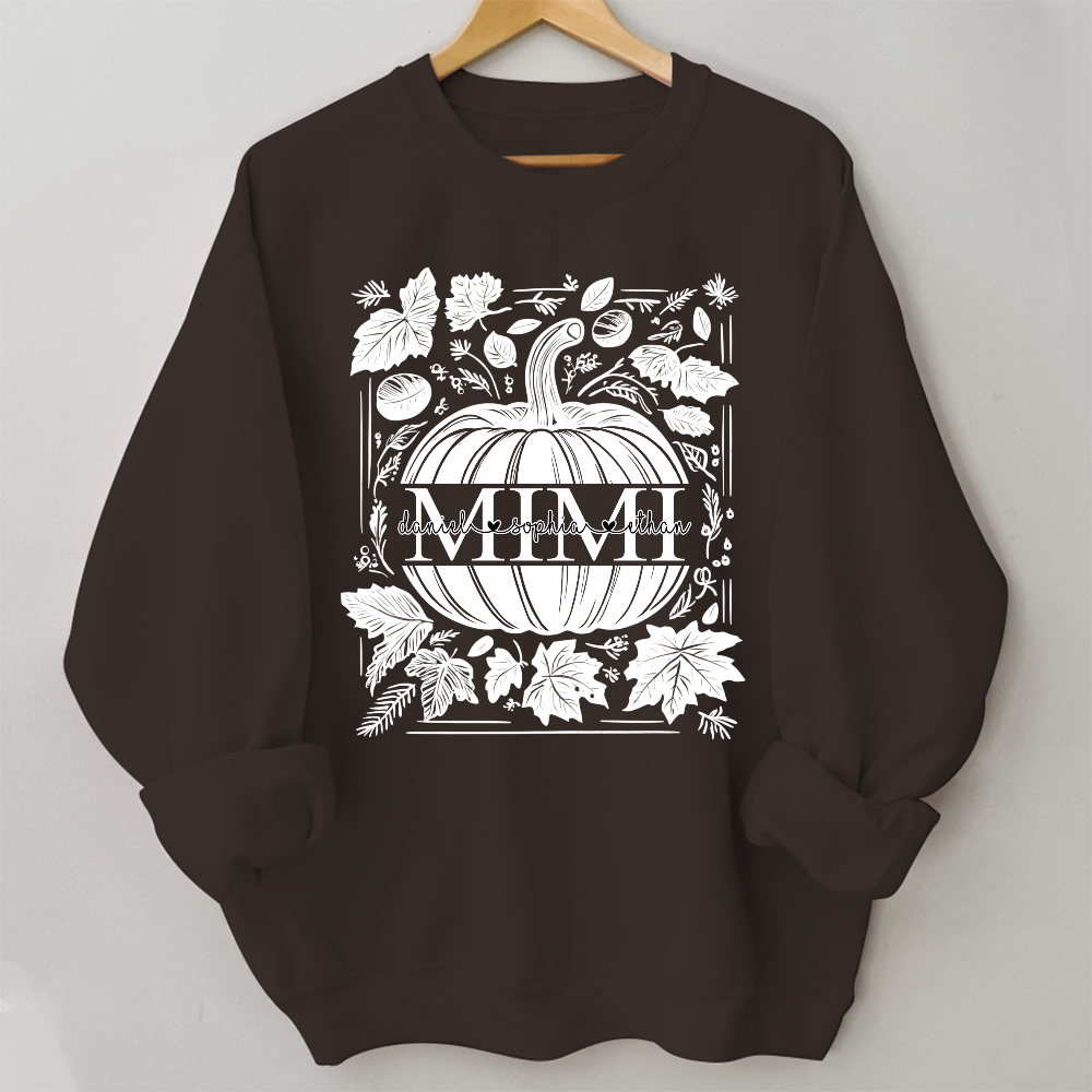 Custom Mimi Autumn Sweatshirt, Pumpkin and Leaf Design with Grandkids Names, Personalized Grandma Fall Apparel