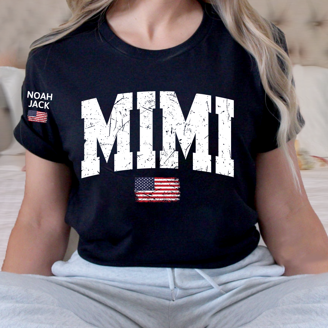 Mimi Patriotic Shirt with American Flag, Personalized Grandkids Names Family T Shirt