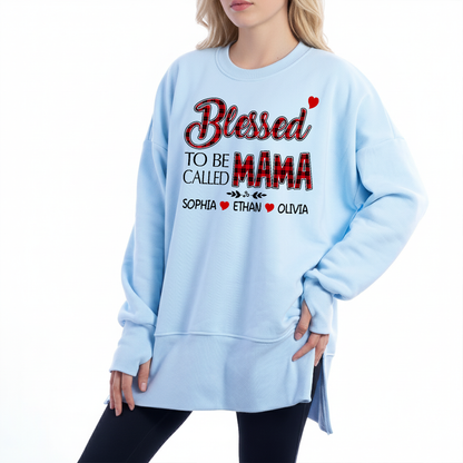 Blessed To Be Called Mama Sweatshirt – Personalized Oversized Pullover with Kids’ Names, Cozy Thumbhole Long Sleeve for Moms