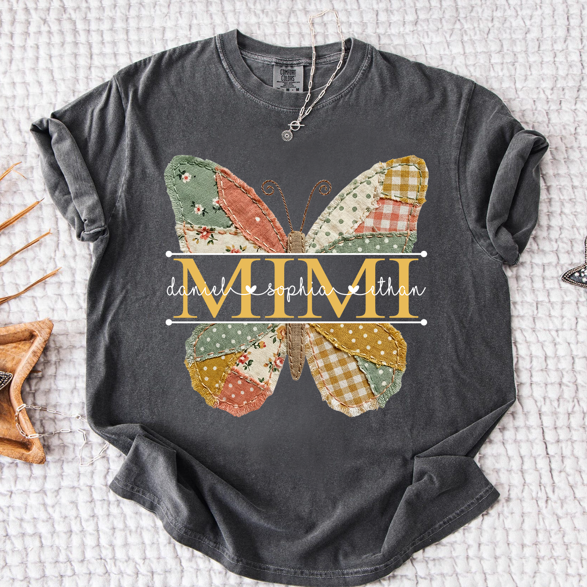 Comfort Mimi Butterfly Shirt, Custom Grandkids Names with Colorful Patchwork Butterfly Design