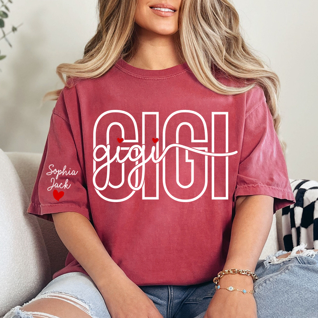 Custom Gigi Shirt for Women, Personalized Grandkids Names Tee, Grandma Family Shirt, Heart Name Graphic Gift for Gigi Lovers
