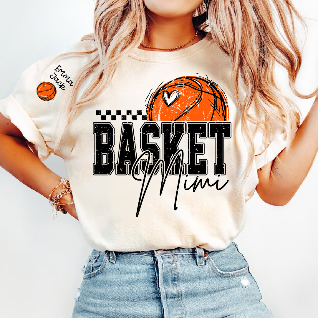 Custom Basketball Mimi Shirt, Personalized Family Tee with Grandchildren Names and Basketball Graphic