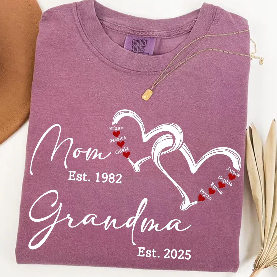 Custom Comfort Colors® Mom Est Grandma Est Hearts Kids Name