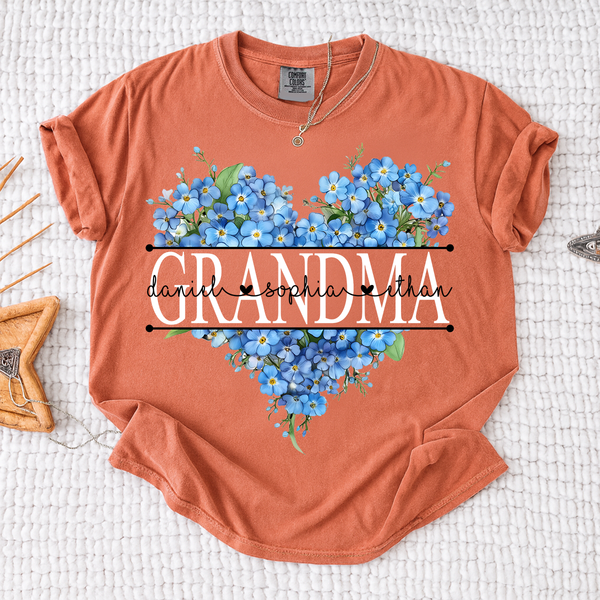 Comfort Mimi Blue Floral Shirt with Custom Grandchildren Names, Heart Family Tee