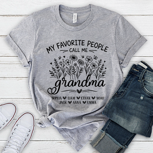Personalized Grandma T-Shirt, My Favorite People Call Me Grandma Floral Design with Names