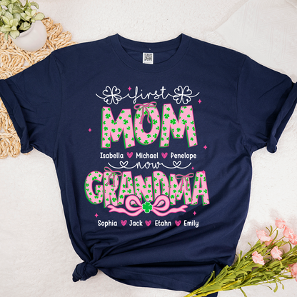 Patrick's Day First Mom Now Grandma Shirt, Personalized Family T-Shirt with Kids and Grandkids Names