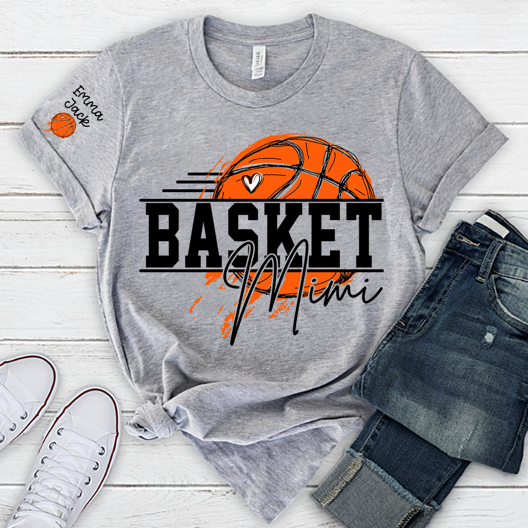 Basketball Mimi Shirt, Custom Grandkids Names with Basketball Hoop Design Family Tee