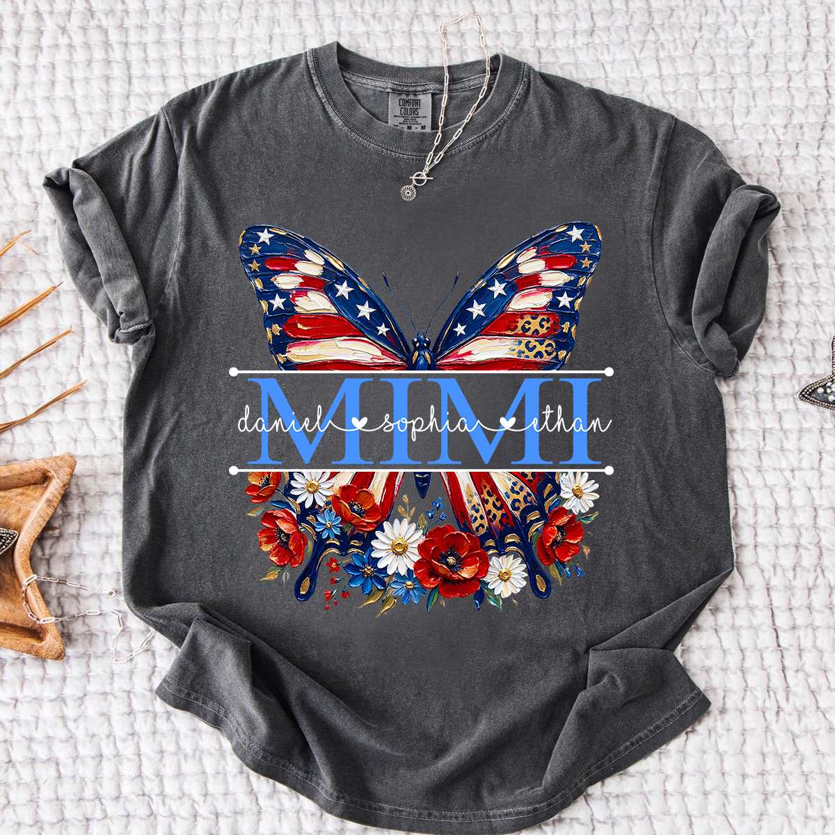 Comfort Custom Mimi T Shirt with Grandkids Names, American Flag Butterfly Family Tee