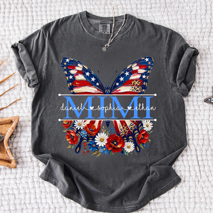 Comfort Custom Mimi T Shirt with Grandkids Names, American Flag Butterfly Family Tee