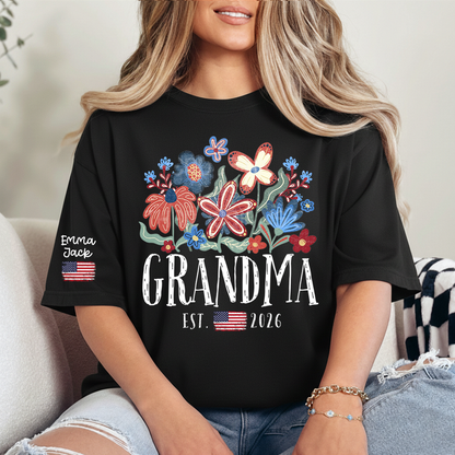 Personalized Flag America Grandma Floral Shirt with Custom Grandkids Names, Colorful Flower Design
