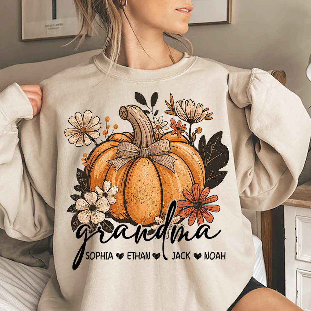 Personalized Grandma Pumpkin Sweatshirt, Custom Fall Shirt with Grandkids Names