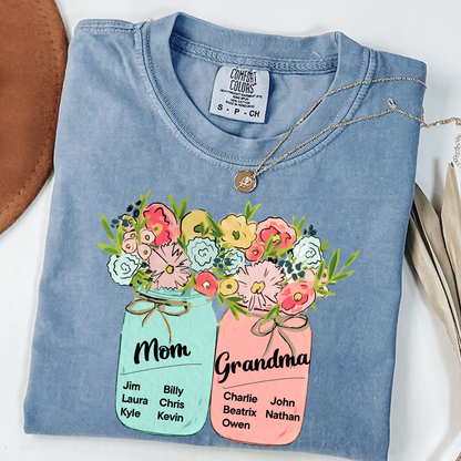 Comfort Colors® Mom & Grandma Kids Flower T-Shirt, Custom Family Names with Floral Design, Perfect Gift for Mom and Grandma