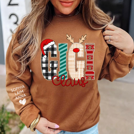 Gigi Claus Christmas Sweatshirt – Personalized Holiday  with Child’s Name on Sleeve Sweatshirts