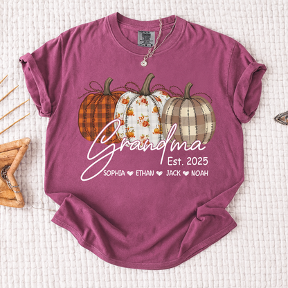 Comfort Colors® Personalized Grandma Pumpkin Tee, Custom Fall Shirt with Grandkids Names