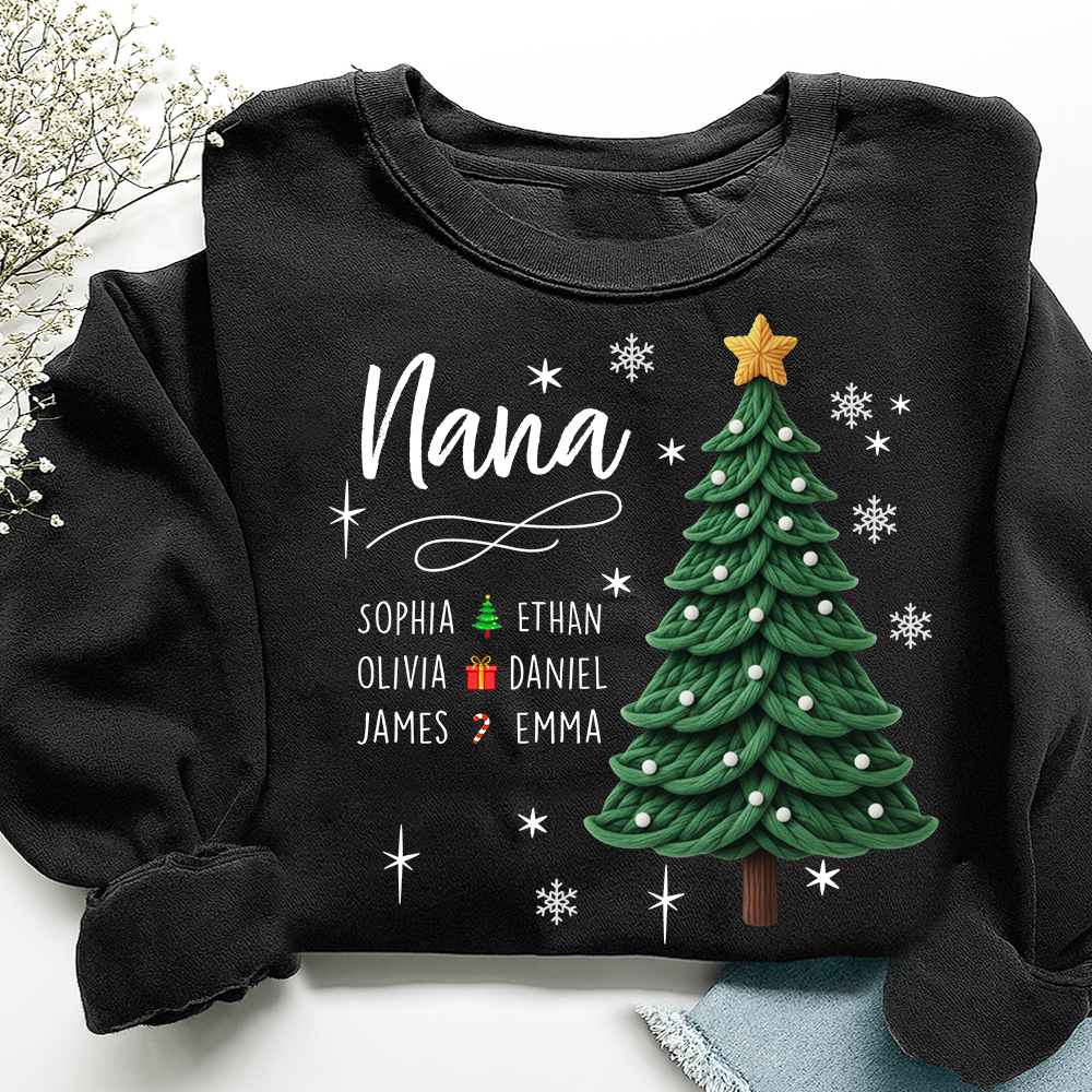 Nana Christmas Sweatshirt with Grandkids’ Names, Cute Tree Holiday Gift