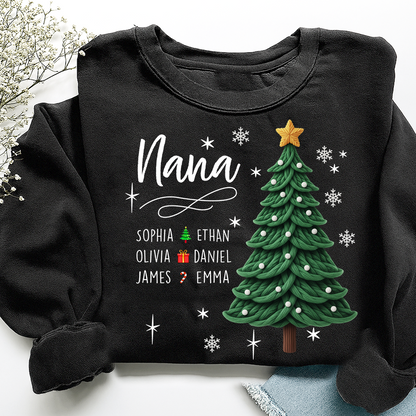 Nana Christmas Sweatshirt with Grandkids’ Names, Cute Tree Holiday Gift