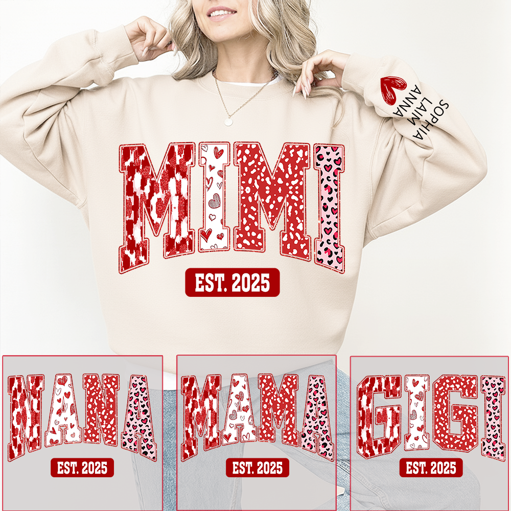 Custom Mimi Sweatshirt, Valentine Heart Pattern Pullover with Names