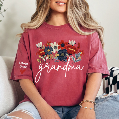 Personalized Grandma Floral Shirt with Custom Grandkids Names, Colorful Flower Design