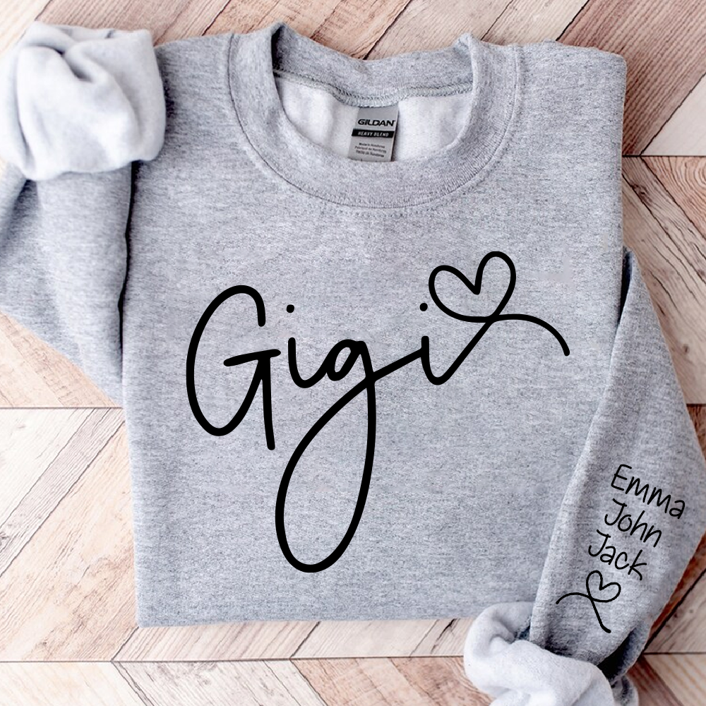 Custom Gigi Sweatshirt, Elegant Script Heart Design Personalized Names